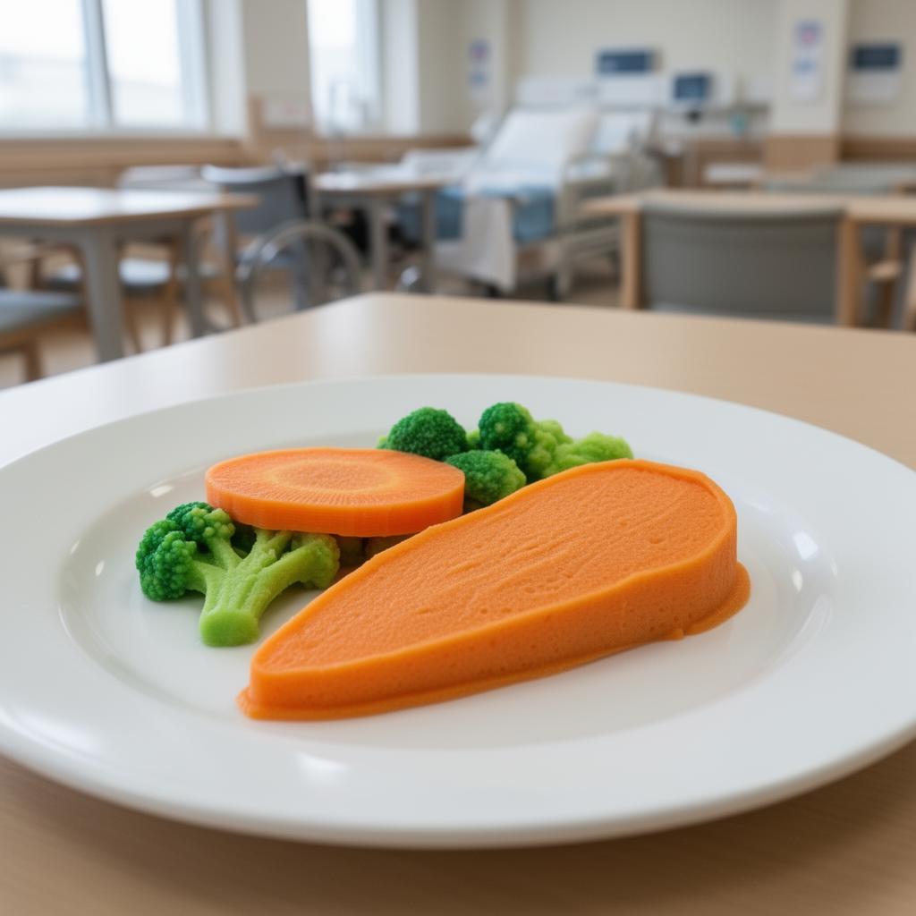 3D-printed reconstructed vegetables on a plate in a clinical nutrition setting