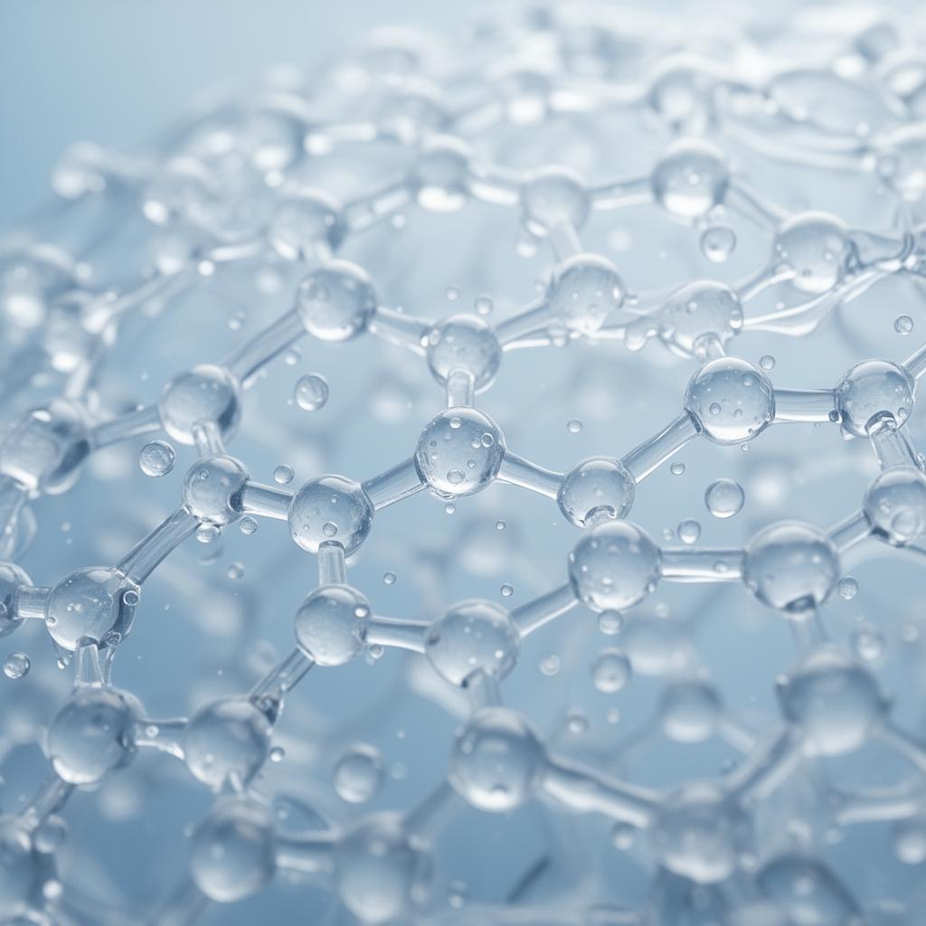 Hydrocolloid polymer gel network structure showing molecular chains trapping water molecules