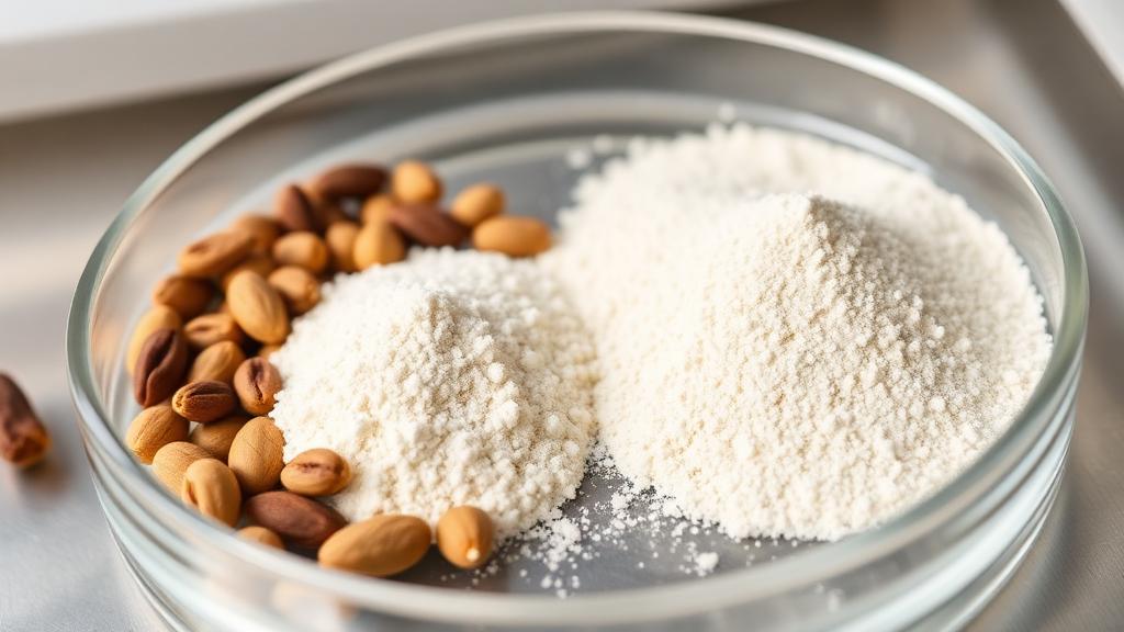 Cassia tora seeds alongside refined cassia gum powder in a laboratory petri dish