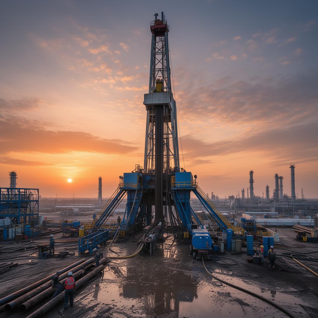 Deep-well oil drilling operation at sunset showing drilling derrick and circulating mud systems