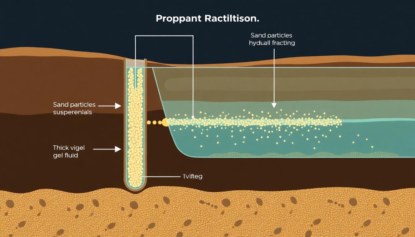Cross-section diagram showing proppant transport in hydraulic fracturing using guar gum gel fluid