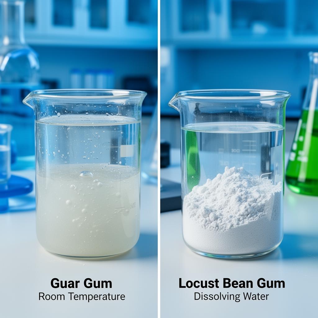 Side by side comparison of guar gum dissolved at room temperature versus locust bean gum undissolved in cold water