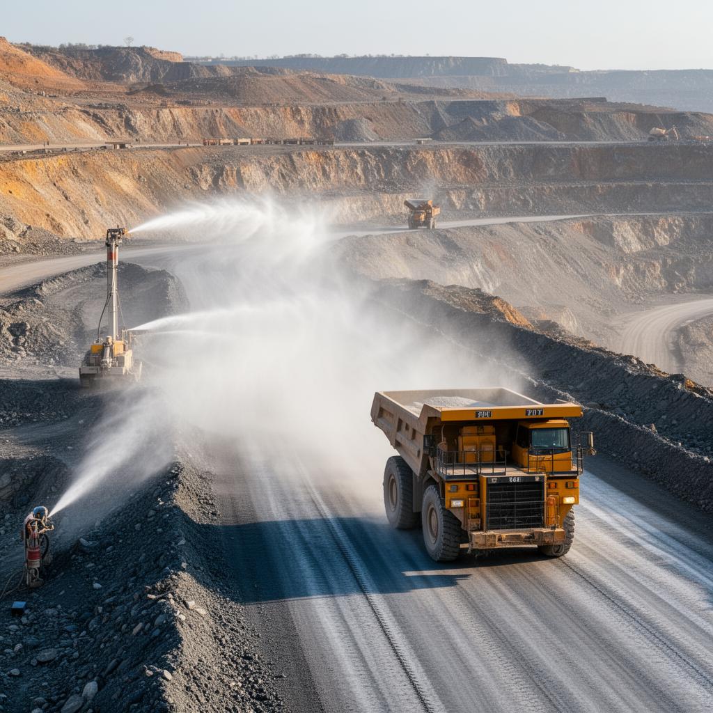 Dust suppression spray system on a mining haul road with heavy dump truck