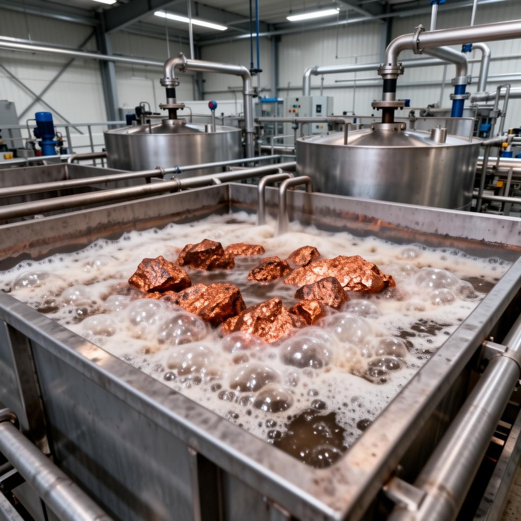 Froth flotation tank in a mineral processing plant with copper mineral concentrate floating on the surface