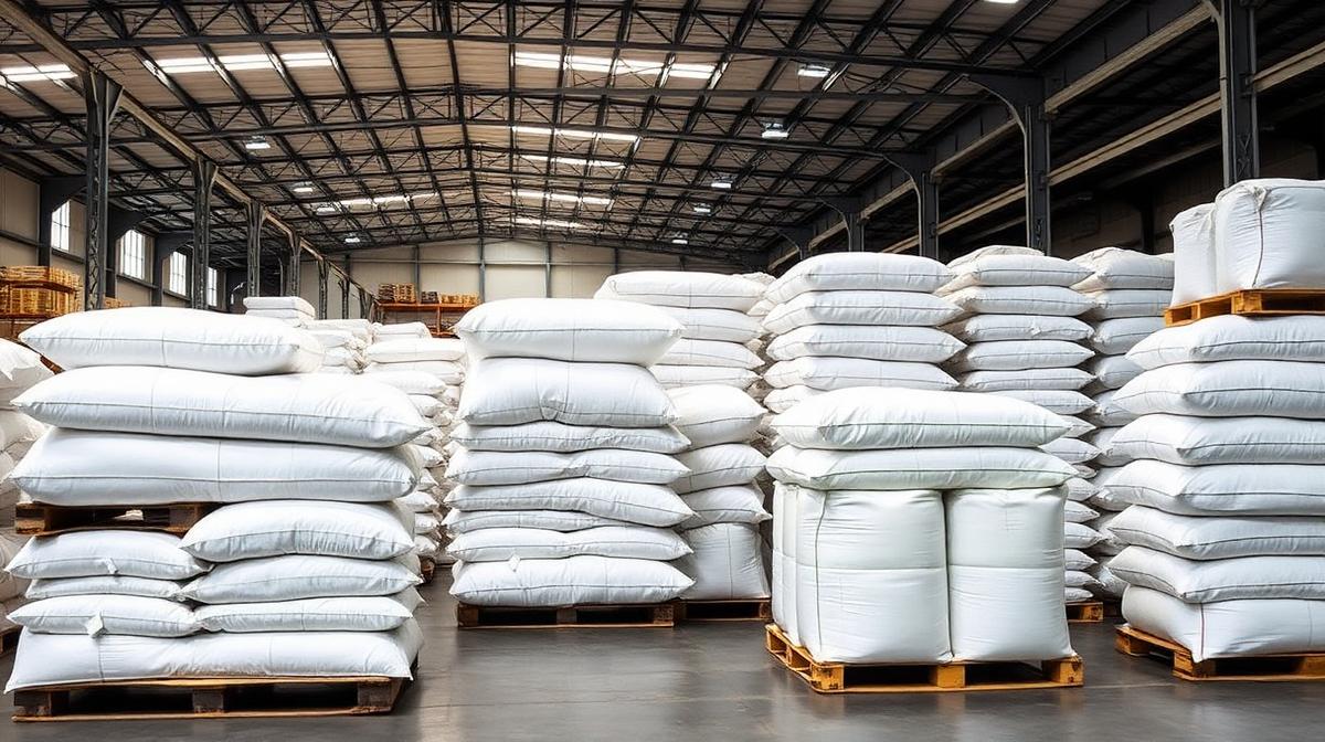 Industrial warehouse with bulk bags of guar gum powder stacked on pallets for buffer stock storage